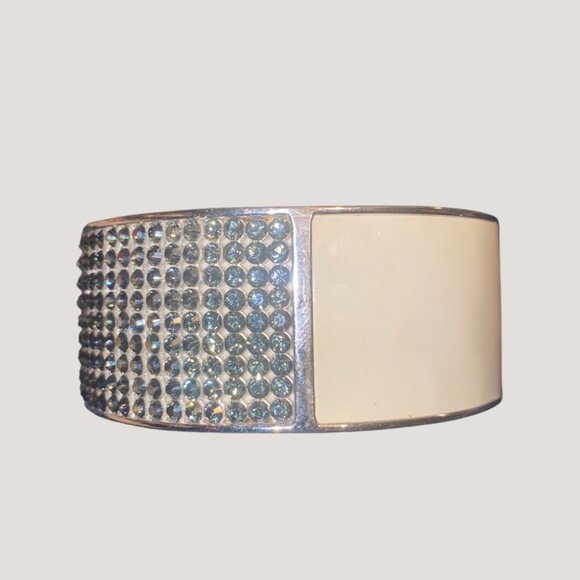 Wide Swarovski Beauty Silver Cream Crystal Bling Cuff Bracelet  Adjustable - Picture 2 of 15
